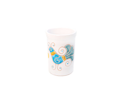 Bicchiere / portaspazzolino artigianale con pavoncella in ceramica sarda realizzato nel Laboratorio Terra Sarda Ceramiche a Siniscola