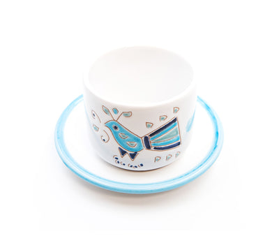 tazza latte con piattino gallinella azzurra in ceramica sarda realizzato nel laboratorio Terra Sarda Ceramiche a Siniscola